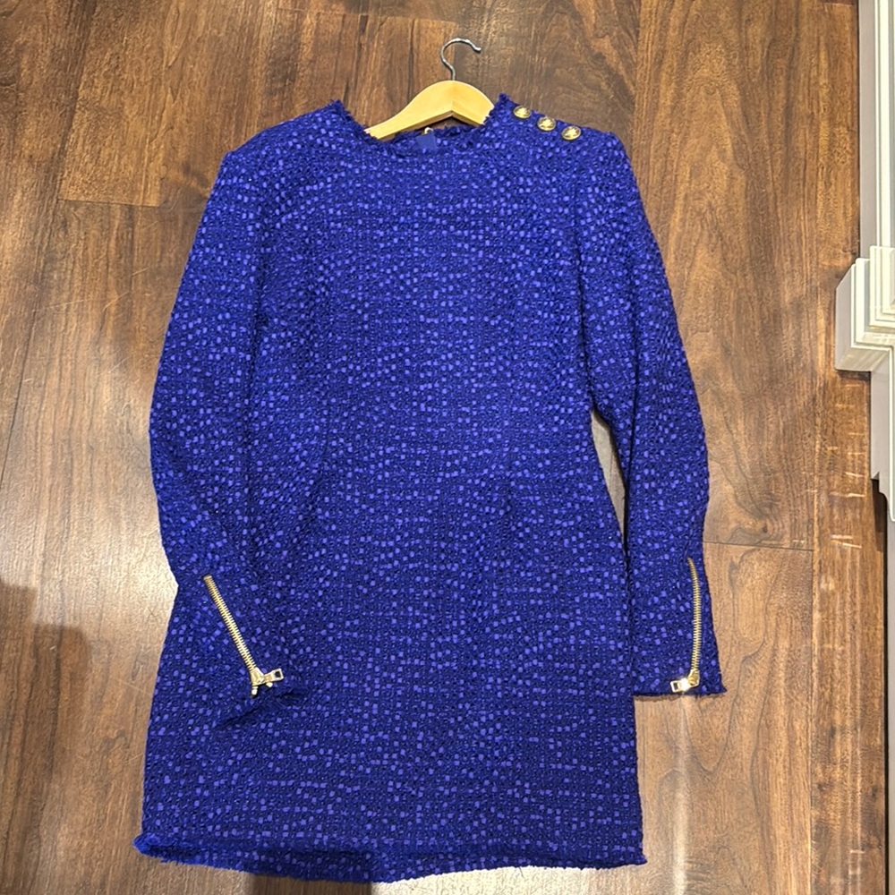 Balmain Blue Tweed Dress with Gold Accents